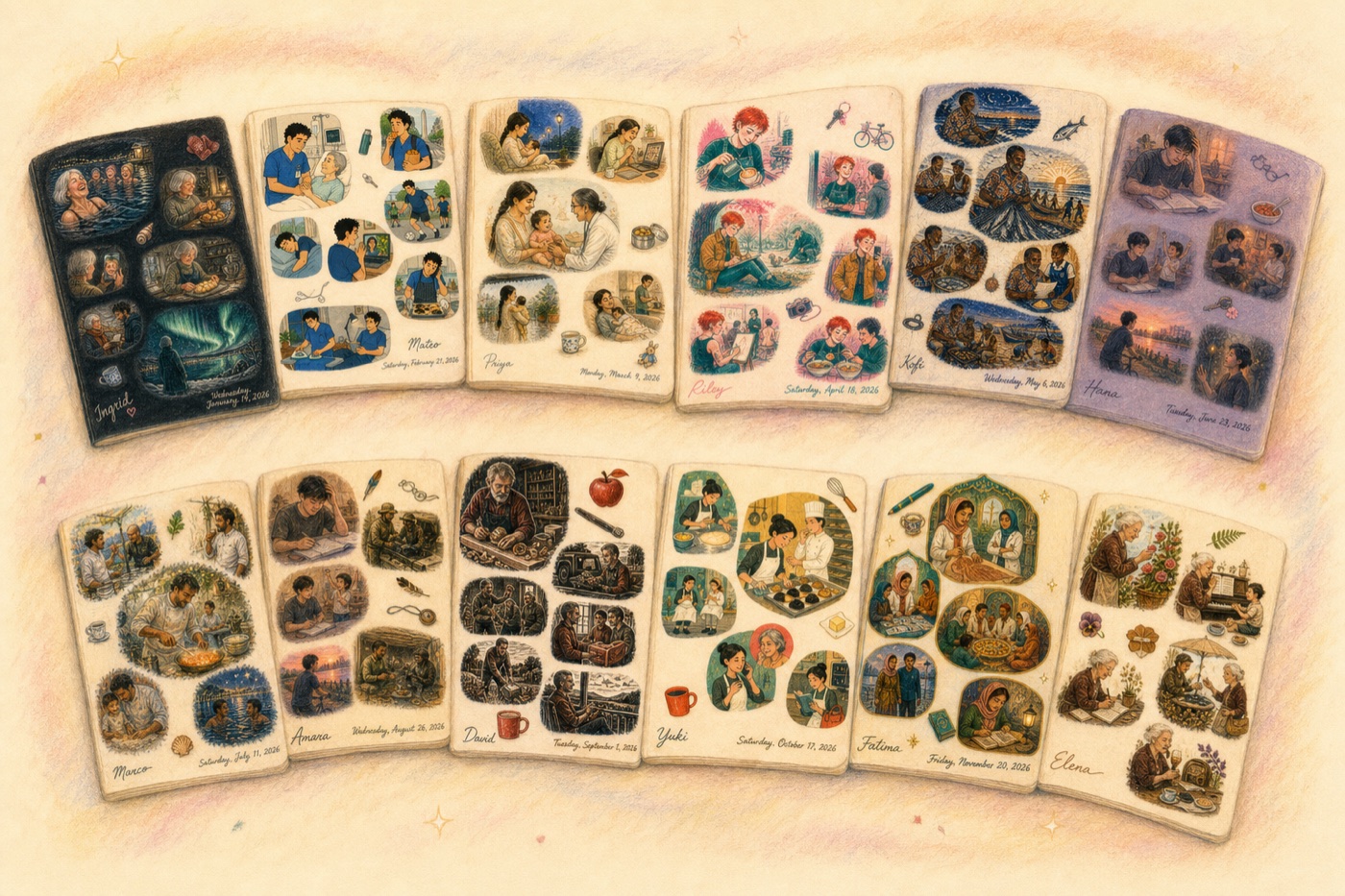 Twelve painted Mestoria pages from twelve diarists laid out together like a year of a journal