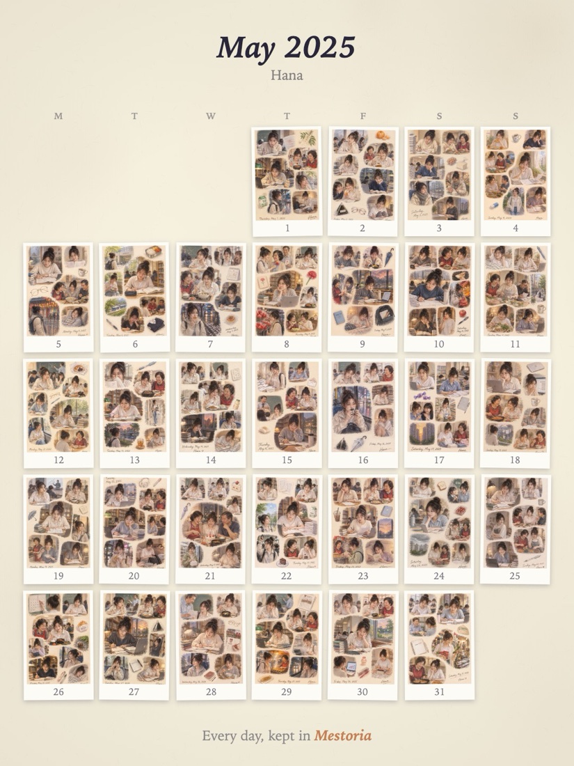 Hana's May 2025 as the app lays it out: a calendar with every day's painted page in its square