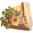 A mug steaming on a window sill beside a small plant
