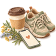 A coffee cup, walking shoes, a phone with a heart and a sprig of flowers