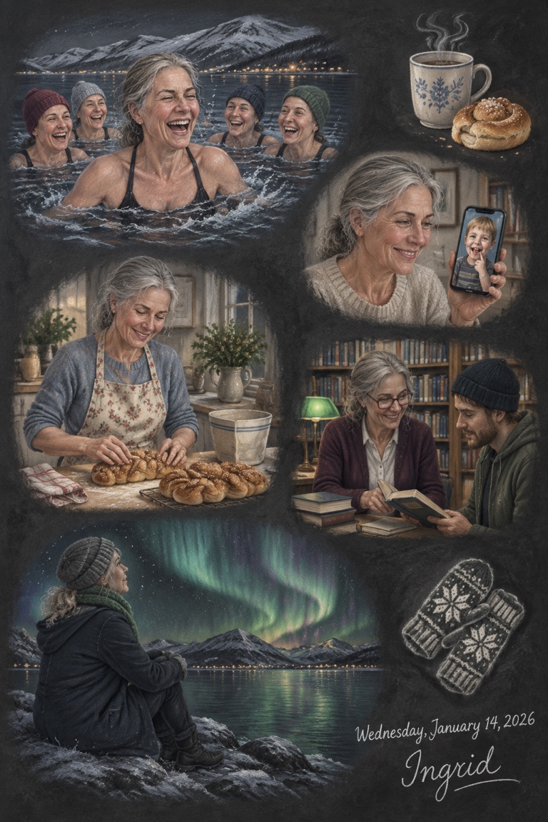 Ingrid's diary page in chalk on slate: the winter swim, Emil on the phone, cardamom bread, the library and the aurora