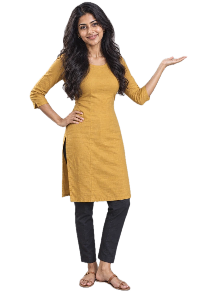 Priya, thirty-one, in a mustard kurta, smiling